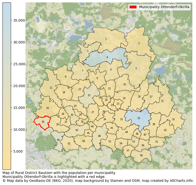 Map of Rural district Bautzen with the population per municipality.Municipality Ottendorf-Okrilla is highlighted with a red edge.. This page shows a lot of information about residents (such as the distribution by age groups, family composition, gender, native or German with an immigration background, ...), homes (numbers, types, price development, use, type of property, ...) and more (car ownership, energy consumption, ...) based on open data from the German Federal Agency for Cartography, the Federal Statistical Office (DESTATIS), the Regional Statistical Offices and various other sources!