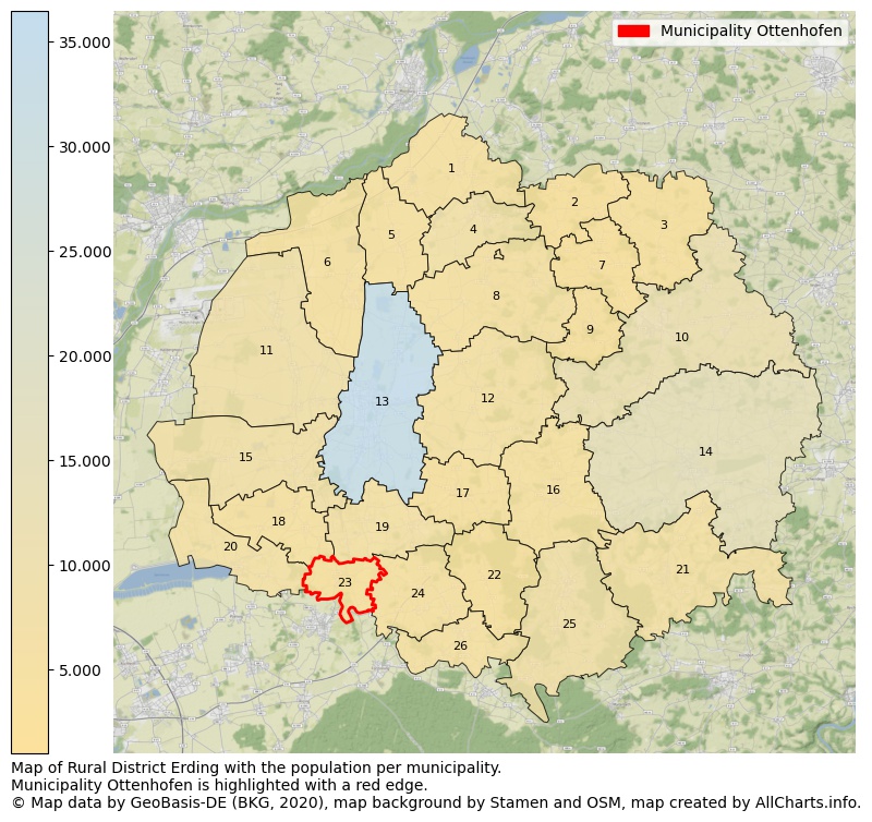 Map of Rural district Erding with the population per municipality.Municipality Ottenhofen is highlighted with a red edge.. This page shows a lot of information about residents (such as the distribution by age groups, family composition, gender, native or German with an immigration background, ...), homes (numbers, types, price development, use, type of property, ...) and more (car ownership, energy consumption, ...) based on open data from the German Federal Agency for Cartography, the Federal Statistical Office (DESTATIS), the Regional Statistical Offices and various other sources!