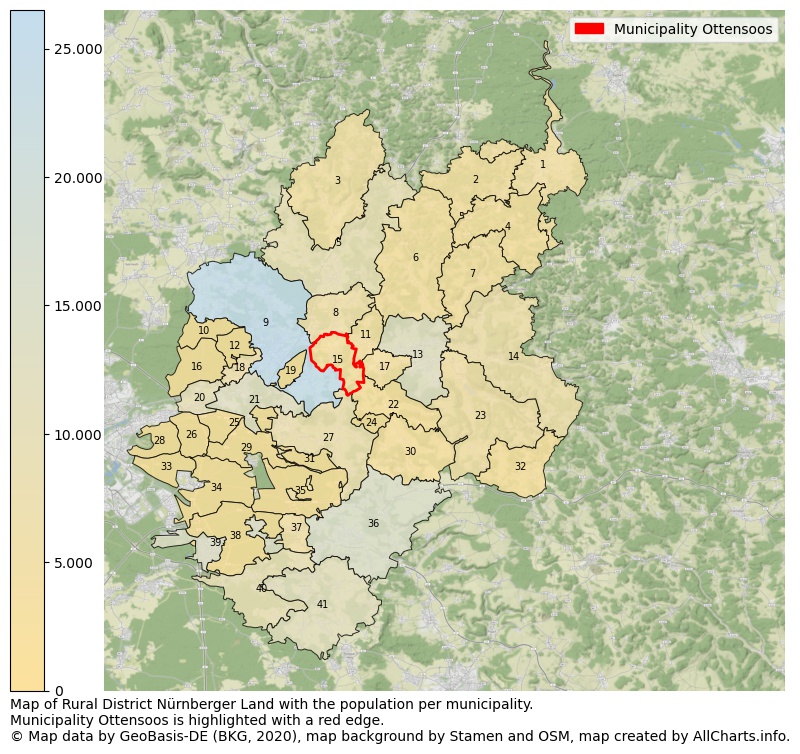 Map of Rural district Nürnberger Land with the population per municipality.Municipality Ottensoos is highlighted with a red edge.. This page shows a lot of information about residents (such as the distribution by age groups, family composition, gender, native or German with an immigration background, ...), homes (numbers, types, price development, use, type of property, ...) and more (car ownership, energy consumption, ...) based on open data from the German Federal Agency for Cartography, the Federal Statistical Office (DESTATIS), the Regional Statistical Offices and various other sources!