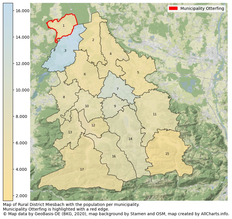 Map of Rural district Miesbach with the population per municipality.Municipality Otterfing is highlighted with a red edge.. This page shows a lot of information about residents (such as the distribution by age groups, family composition, gender, native or German with an immigration background, ...), homes (numbers, types, price development, use, type of property, ...) and more (car ownership, energy consumption, ...) based on open data from the German Federal Agency for Cartography, the Federal Statistical Office (DESTATIS), the Regional Statistical Offices and various other sources!