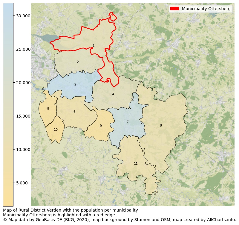 Map of Rural district Verden with the population per municipality.Municipality Ottersberg is highlighted with a red edge.. This page shows a lot of information about residents (such as the distribution by age groups, family composition, gender, native or German with an immigration background, ...), homes (numbers, types, price development, use, type of property, ...) and more (car ownership, energy consumption, ...) based on open data from the German Federal Agency for Cartography, the Federal Statistical Office (DESTATIS), the Regional Statistical Offices and various other sources!