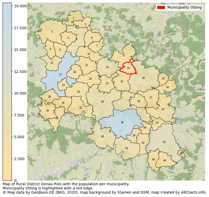 Map of Rural district Donau-Ries with the population per municipality.Municipality Otting is highlighted with a red edge.. This page shows a lot of information about residents (such as the distribution by age groups, family composition, gender, native or German with an immigration background, ...), homes (numbers, types, price development, use, type of property, ...) and more (car ownership, energy consumption, ...) based on open data from the German Federal Agency for Cartography, the Federal Statistical Office (DESTATIS), the Regional Statistical Offices and various other sources!