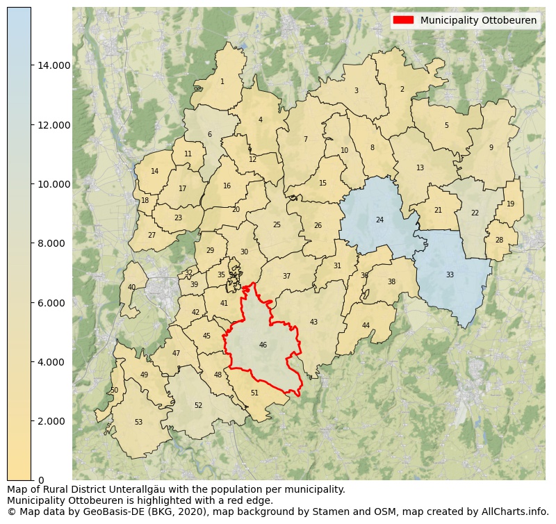 Map of Rural district Unterallgäu with the population per municipality.Municipality Ottobeuren is highlighted with a red edge.. This page shows a lot of information about residents (such as the distribution by age groups, family composition, gender, native or German with an immigration background, ...), homes (numbers, types, price development, use, type of property, ...) and more (car ownership, energy consumption, ...) based on open data from the German Federal Agency for Cartography, the Federal Statistical Office (DESTATIS), the Regional Statistical Offices and various other sources!