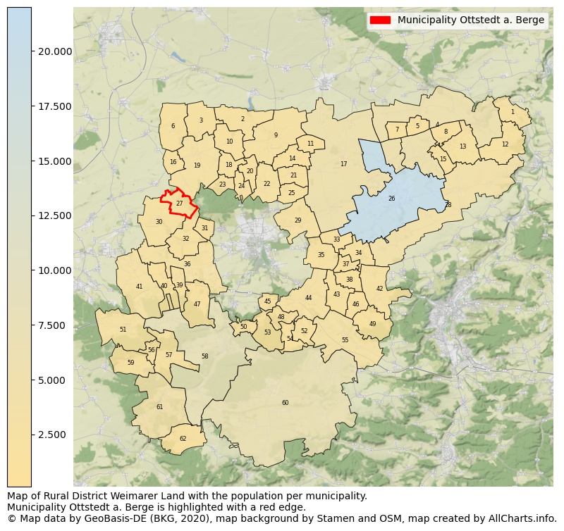 Map of Rural district Weimarer Land with the population per municipality.Municipality Ottstedt a. Berge is highlighted with a red edge.. This page shows a lot of information about residents (such as the distribution by age groups, family composition, gender, native or German with an immigration background, ...), homes (numbers, types, price development, use, type of property, ...) and more (car ownership, energy consumption, ...) based on open data from the German Federal Agency for Cartography, the Federal Statistical Office (DESTATIS), the Regional Statistical Offices and various other sources!