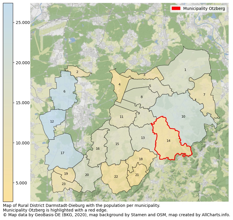 Map of Rural district Darmstadt-Dieburg with the population per municipality.Municipality Otzberg is highlighted with a red edge.. This page shows a lot of information about residents (such as the distribution by age groups, family composition, gender, native or German with an immigration background, ...), homes (numbers, types, price development, use, type of property, ...) and more (car ownership, energy consumption, ...) based on open data from the German Federal Agency for Cartography, the Federal Statistical Office (DESTATIS), the Regional Statistical Offices and various other sources!