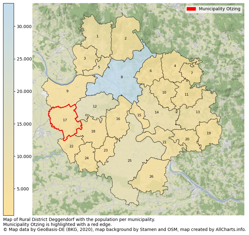 Map of Rural district Deggendorf with the population per municipality.Municipality Otzing is highlighted with a red edge.. This page shows a lot of information about residents (such as the distribution by age groups, family composition, gender, native or German with an immigration background, ...), homes (numbers, types, price development, use, type of property, ...) and more (car ownership, energy consumption, ...) based on open data from the German Federal Agency for Cartography, the Federal Statistical Office (DESTATIS), the Regional Statistical Offices and various other sources!