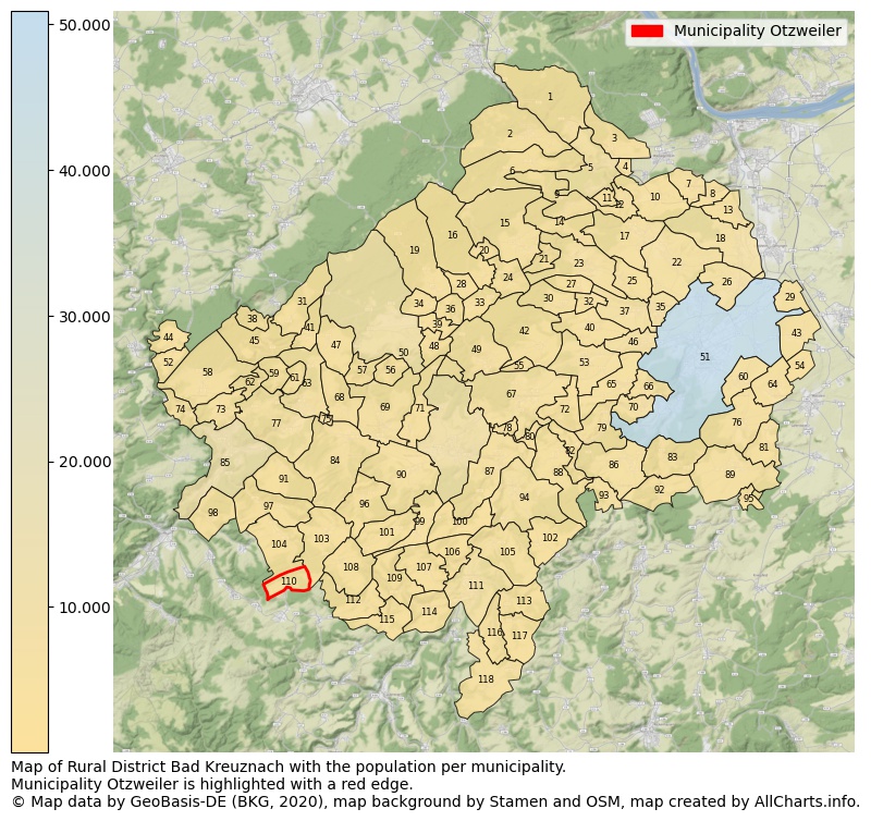 Map of Rural district Bad Kreuznach with the population per municipality.Municipality Otzweiler is highlighted with a red edge.. This page shows a lot of information about residents (such as the distribution by age groups, family composition, gender, native or German with an immigration background, ...), homes (numbers, types, price development, use, type of property, ...) and more (car ownership, energy consumption, ...) based on open data from the German Federal Agency for Cartography, the Federal Statistical Office (DESTATIS), the Regional Statistical Offices and various other sources!