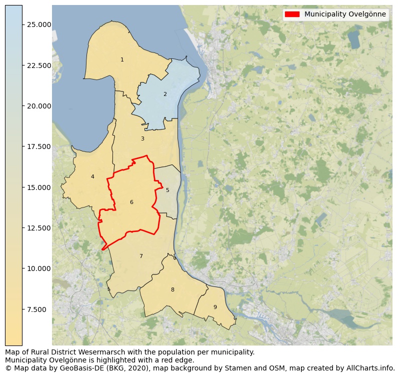 Map of Rural district Wesermarsch with the population per municipality.Municipality Ovelgönne is highlighted with a red edge.. This page shows a lot of information about residents (such as the distribution by age groups, family composition, gender, native or German with an immigration background, ...), homes (numbers, types, price development, use, type of property, ...) and more (car ownership, energy consumption, ...) based on open data from the German Federal Agency for Cartography, the Federal Statistical Office (DESTATIS), the Regional Statistical Offices and various other sources!