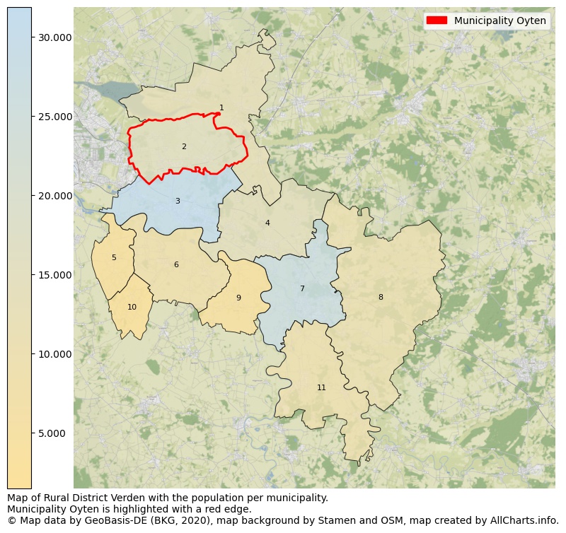 Map of Rural district Verden with the population per municipality.Municipality Oyten is highlighted with a red edge.. This page shows a lot of information about residents (such as the distribution by age groups, family composition, gender, native or German with an immigration background, ...), homes (numbers, types, price development, use, type of property, ...) and more (car ownership, energy consumption, ...) based on open data from the German Federal Agency for Cartography, the Federal Statistical Office (DESTATIS), the Regional Statistical Offices and various other sources!