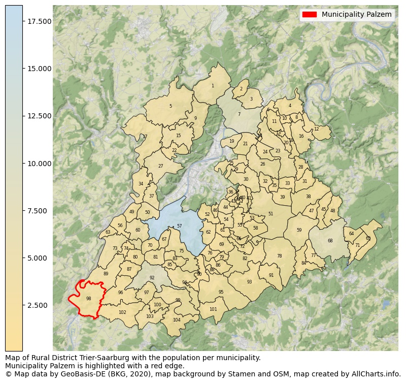 Map of Rural district Trier-Saarburg with the population per municipality.Municipality Palzem is highlighted with a red edge.. This page shows a lot of information about residents (such as the distribution by age groups, family composition, gender, native or German with an immigration background, ...), homes (numbers, types, price development, use, type of property, ...) and more (car ownership, energy consumption, ...) based on open data from the German Federal Agency for Cartography, the Federal Statistical Office (DESTATIS), the Regional Statistical Offices and various other sources!