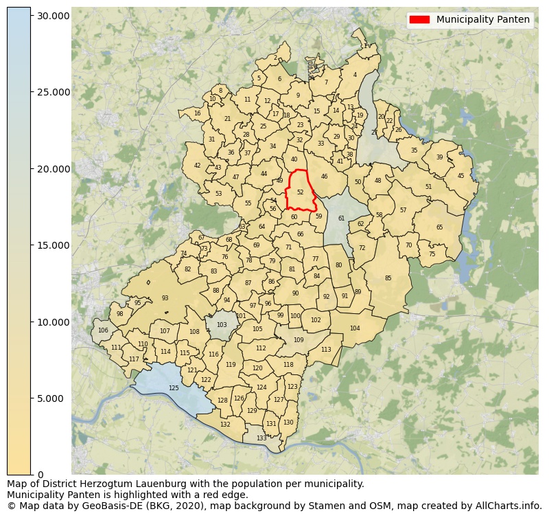Map of District Herzogtum Lauenburg with the population per municipality.Municipality Panten is highlighted with a red edge.. This page shows a lot of information about residents (such as the distribution by age groups, family composition, gender, native or German with an immigration background, ...), homes (numbers, types, price development, use, type of property, ...) and more (car ownership, energy consumption, ...) based on open data from the German Federal Agency for Cartography, the Federal Statistical Office (DESTATIS), the Regional Statistical Offices and various other sources!