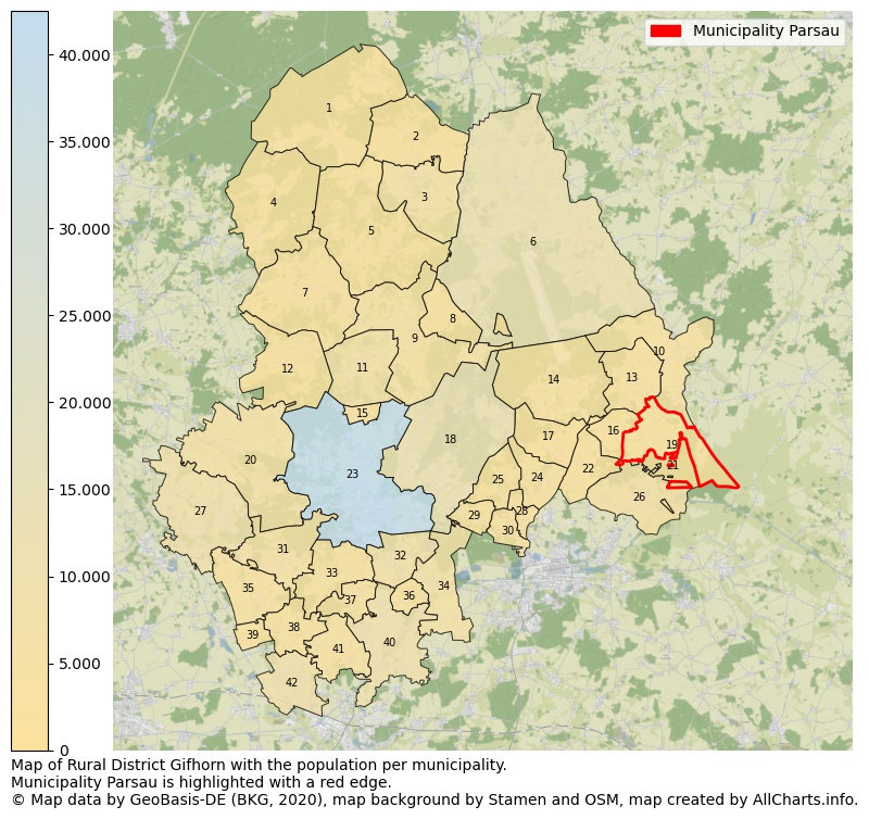 Map of Rural district Gifhorn with the population per municipality.Municipality Parsau is highlighted with a red edge.. This page shows a lot of information about residents (such as the distribution by age groups, family composition, gender, native or German with an immigration background, ...), homes (numbers, types, price development, use, type of property, ...) and more (car ownership, energy consumption, ...) based on open data from the German Federal Agency for Cartography, the Federal Statistical Office (DESTATIS), the Regional Statistical Offices and various other sources!