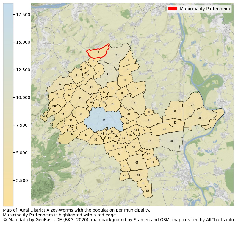 Map of Rural district Alzey-Worms with the population per municipality.Municipality Partenheim is highlighted with a red edge.. This page shows a lot of information about residents (such as the distribution by age groups, family composition, gender, native or German with an immigration background, ...), homes (numbers, types, price development, use, type of property, ...) and more (car ownership, energy consumption, ...) based on open data from the German Federal Agency for Cartography, the Federal Statistical Office (DESTATIS), the Regional Statistical Offices and various other sources!