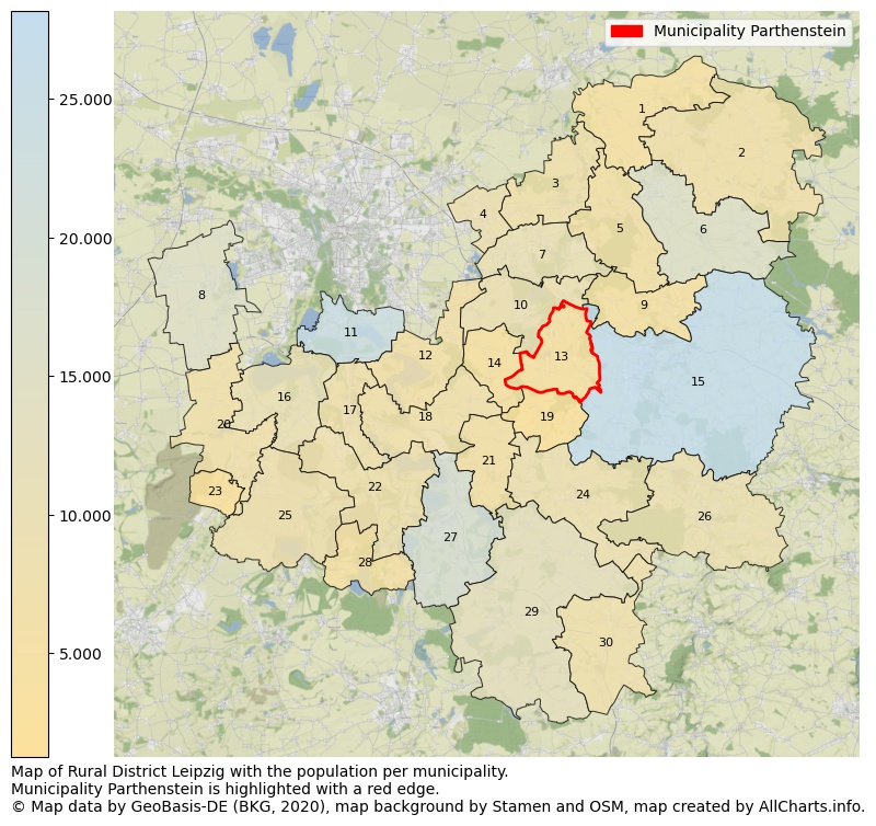 Map of Rural district Leipzig with the population per municipality.Municipality Parthenstein is highlighted with a red edge.. This page shows a lot of information about residents (such as the distribution by age groups, family composition, gender, native or German with an immigration background, ...), homes (numbers, types, price development, use, type of property, ...) and more (car ownership, energy consumption, ...) based on open data from the German Federal Agency for Cartography, the Federal Statistical Office (DESTATIS), the Regional Statistical Offices and various other sources!