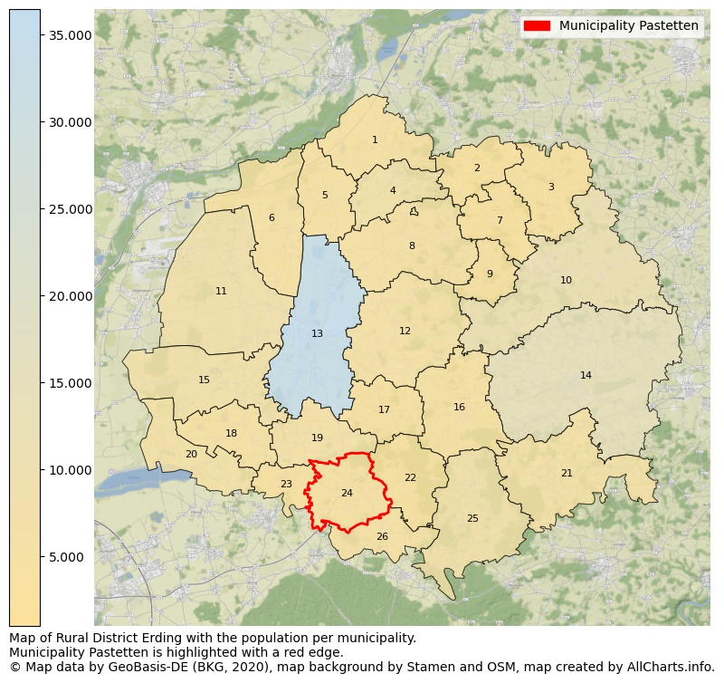 Map of Rural district Erding with the population per municipality.Municipality Pastetten is highlighted with a red edge.. This page shows a lot of information about residents (such as the distribution by age groups, family composition, gender, native or German with an immigration background, ...), homes (numbers, types, price development, use, type of property, ...) and more (car ownership, energy consumption, ...) based on open data from the German Federal Agency for Cartography, the Federal Statistical Office (DESTATIS), the Regional Statistical Offices and various other sources!