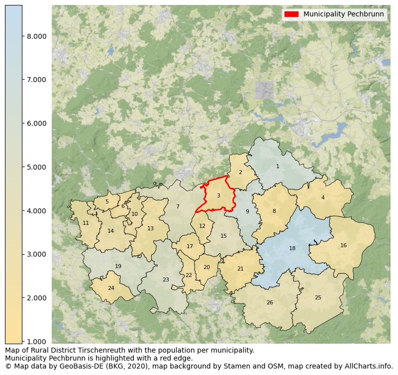 Map of Rural district Tirschenreuth with the population per municipality.Municipality Pechbrunn is highlighted with a red edge.. This page shows a lot of information about residents (such as the distribution by age groups, family composition, gender, native or German with an immigration background, ...), homes (numbers, types, price development, use, type of property, ...) and more (car ownership, energy consumption, ...) based on open data from the German Federal Agency for Cartography, the Federal Statistical Office (DESTATIS), the Regional Statistical Offices and various other sources!