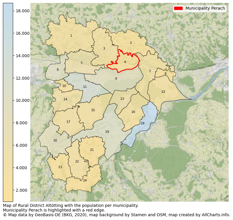 Map of Rural district Altötting with the population per municipality.Municipality Perach is highlighted with a red edge.. This page shows a lot of information about residents (such as the distribution by age groups, family composition, gender, native or German with an immigration background, ...), homes (numbers, types, price development, use, type of property, ...) and more (car ownership, energy consumption, ...) based on open data from the German Federal Agency for Cartography, the Federal Statistical Office (DESTATIS), the Regional Statistical Offices and various other sources!