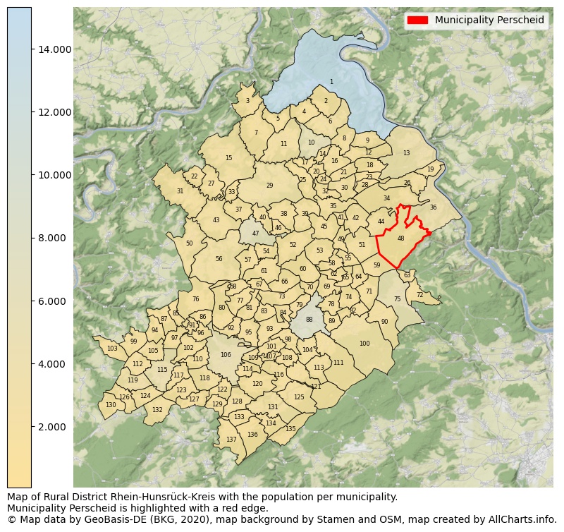 Map of Rural district Rhein-Hunsrück-Kreis with the population per municipality.Municipality Perscheid is highlighted with a red edge.. This page shows a lot of information about residents (such as the distribution by age groups, family composition, gender, native or German with an immigration background, ...), homes (numbers, types, price development, use, type of property, ...) and more (car ownership, energy consumption, ...) based on open data from the German Federal Agency for Cartography, the Federal Statistical Office (DESTATIS), the Regional Statistical Offices and various other sources!