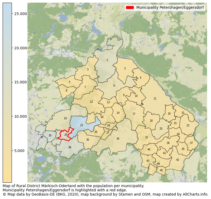 Map of Rural district Märkisch-Oderland with the population per municipality.Municipality Petershagen/Eggersdorf is highlighted with a red edge.. This page shows a lot of information about residents (such as the distribution by age groups, family composition, gender, native or German with an immigration background, ...), homes (numbers, types, price development, use, type of property, ...) and more (car ownership, energy consumption, ...) based on open data from the German Federal Agency for Cartography, the Federal Statistical Office (DESTATIS), the Regional Statistical Offices and various other sources!