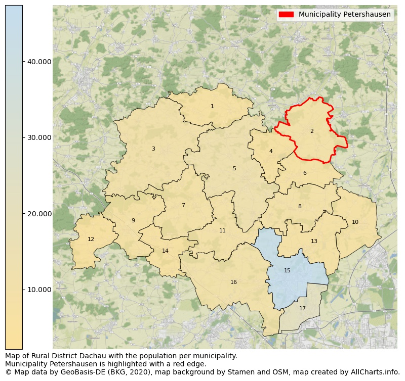 Map of Rural district Dachau with the population per municipality.Municipality Petershausen is highlighted with a red edge.. This page shows a lot of information about residents (such as the distribution by age groups, family composition, gender, native or German with an immigration background, ...), homes (numbers, types, price development, use, type of property, ...) and more (car ownership, energy consumption, ...) based on open data from the German Federal Agency for Cartography, the Federal Statistical Office (DESTATIS), the Regional Statistical Offices and various other sources!