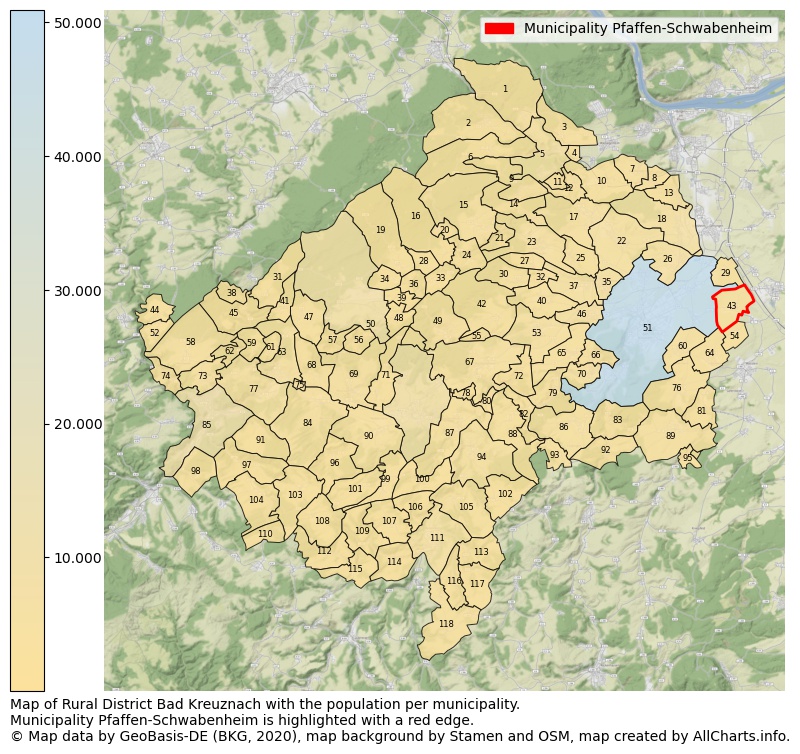 Map of Rural district Bad Kreuznach with the population per municipality.Municipality Pfaffen-Schwabenheim is highlighted with a red edge.. This page shows a lot of information about residents (such as the distribution by age groups, family composition, gender, native or German with an immigration background, ...), homes (numbers, types, price development, use, type of property, ...) and more (car ownership, energy consumption, ...) based on open data from the German Federal Agency for Cartography, the Federal Statistical Office (DESTATIS), the Regional Statistical Offices and various other sources!