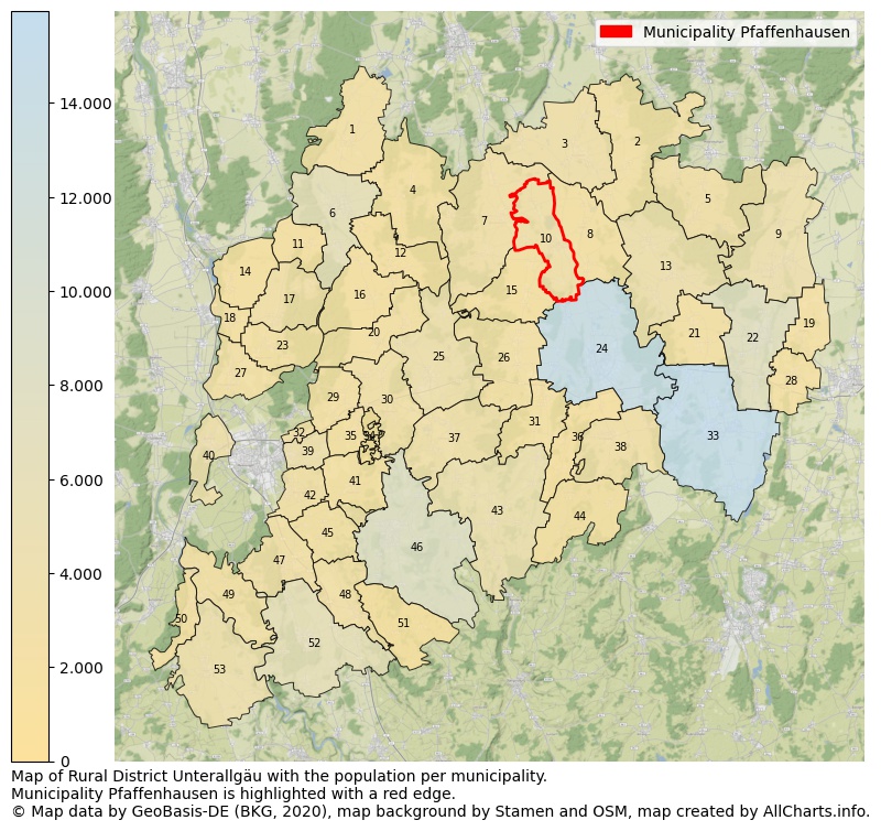 Map of Rural district Unterallgäu with the population per municipality.Municipality Pfaffenhausen is highlighted with a red edge.. This page shows a lot of information about residents (such as the distribution by age groups, family composition, gender, native or German with an immigration background, ...), homes (numbers, types, price development, use, type of property, ...) and more (car ownership, energy consumption, ...) based on open data from the German Federal Agency for Cartography, the Federal Statistical Office (DESTATIS), the Regional Statistical Offices and various other sources!