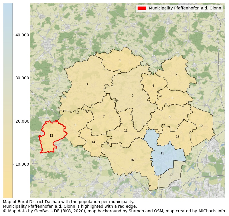 Map of Rural district Dachau with the population per municipality.Municipality Pfaffenhofen a.d. Glonn is highlighted with a red edge.. This page shows a lot of information about residents (such as the distribution by age groups, family composition, gender, native or German with an immigration background, ...), homes (numbers, types, price development, use, type of property, ...) and more (car ownership, energy consumption, ...) based on open data from the German Federal Agency for Cartography, the Federal Statistical Office (DESTATIS), the Regional Statistical Offices and various other sources!