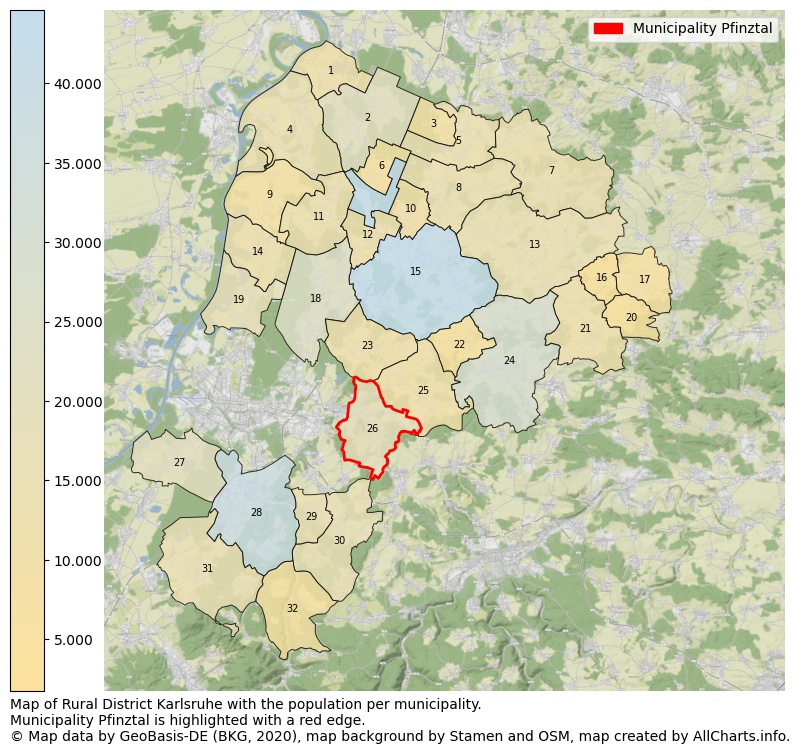 Map of Rural district Karlsruhe with the population per municipality.Municipality Pfinztal is highlighted with a red edge.. This page shows a lot of information about residents (such as the distribution by age groups, family composition, gender, native or German with an immigration background, ...), homes (numbers, types, price development, use, type of property, ...) and more (car ownership, energy consumption, ...) based on open data from the German Federal Agency for Cartography, the Federal Statistical Office (DESTATIS), the Regional Statistical Offices and various other sources!
