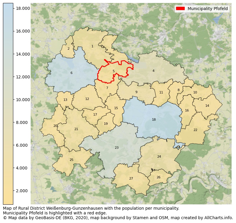 Map of Rural district Weißenburg-Gunzenhausen with the population per municipality.Municipality Pfofeld is highlighted with a red edge.. This page shows a lot of information about residents (such as the distribution by age groups, family composition, gender, native or German with an immigration background, ...), homes (numbers, types, price development, use, type of property, ...) and more (car ownership, energy consumption, ...) based on open data from the German Federal Agency for Cartography, the Federal Statistical Office (DESTATIS), the Regional Statistical Offices and various other sources!