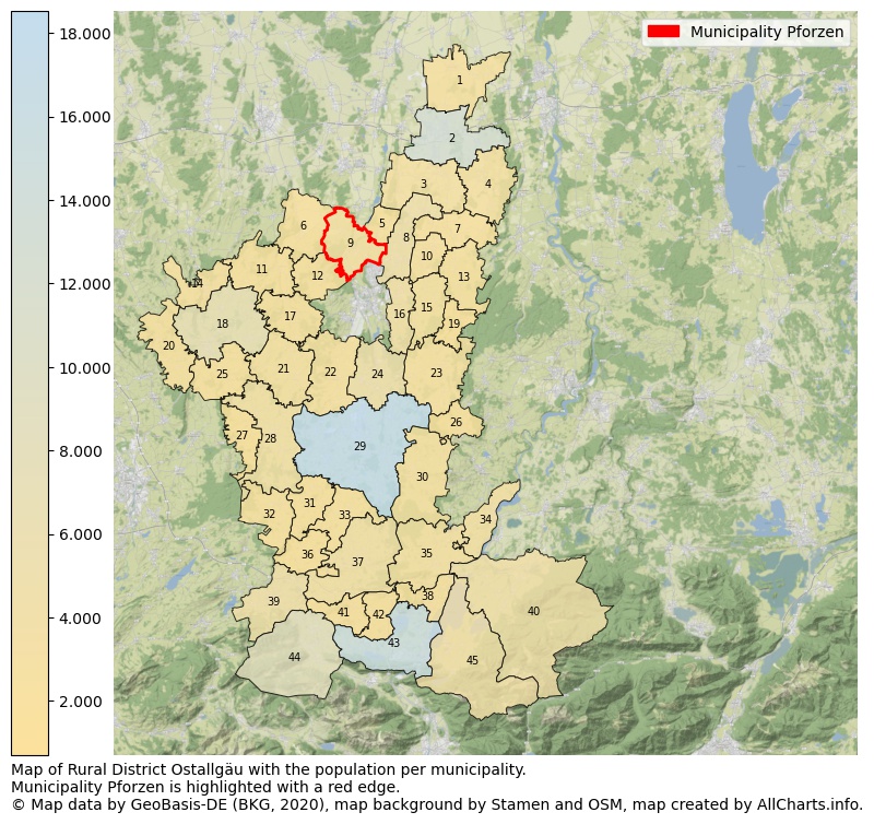Map of Rural district Ostallgäu with the population per municipality.Municipality Pforzen is highlighted with a red edge.. This page shows a lot of information about residents (such as the distribution by age groups, family composition, gender, native or German with an immigration background, ...), homes (numbers, types, price development, use, type of property, ...) and more (car ownership, energy consumption, ...) based on open data from the German Federal Agency for Cartography, the Federal Statistical Office (DESTATIS), the Regional Statistical Offices and various other sources!