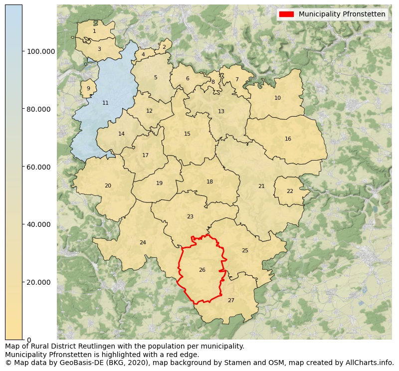 Map of Rural district Reutlingen with the population per municipality.Municipality Pfronstetten is highlighted with a red edge.. This page shows a lot of information about residents (such as the distribution by age groups, family composition, gender, native or German with an immigration background, ...), homes (numbers, types, price development, use, type of property, ...) and more (car ownership, energy consumption, ...) based on open data from the German Federal Agency for Cartography, the Federal Statistical Office (DESTATIS), the Regional Statistical Offices and various other sources!