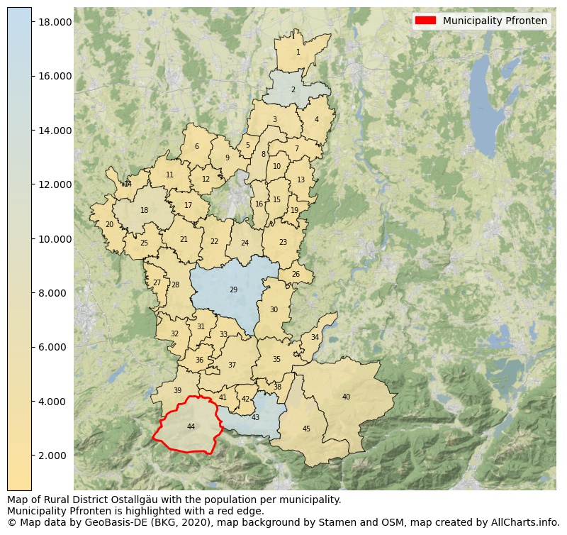 Map of Rural district Ostallgäu with the population per municipality.Municipality Pfronten is highlighted with a red edge.. This page shows a lot of information about residents (such as the distribution by age groups, family composition, gender, native or German with an immigration background, ...), homes (numbers, types, price development, use, type of property, ...) and more (car ownership, energy consumption, ...) based on open data from the German Federal Agency for Cartography, the Federal Statistical Office (DESTATIS), the Regional Statistical Offices and various other sources!