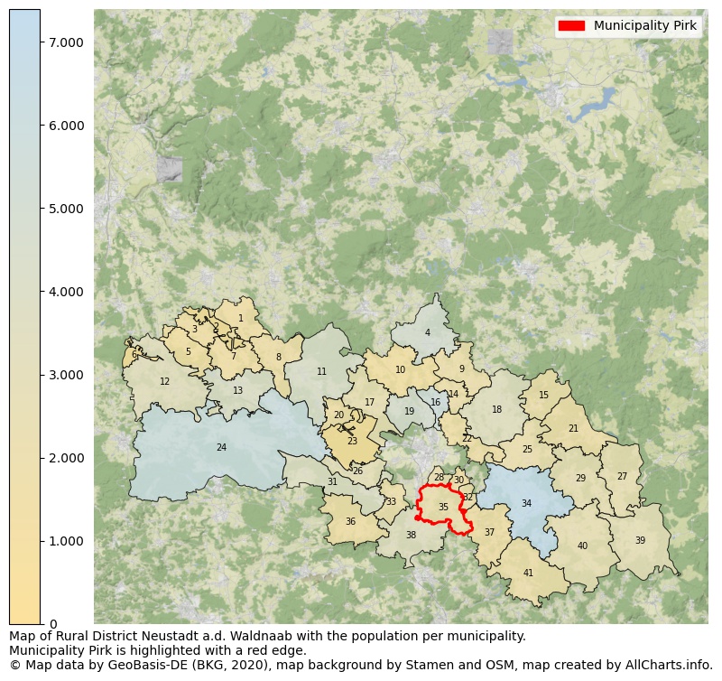 Map of Rural district Neustadt a.d. Waldnaab with the population per municipality.Municipality Pirk is highlighted with a red edge.. This page shows a lot of information about residents (such as the distribution by age groups, family composition, gender, native or German with an immigration background, ...), homes (numbers, types, price development, use, type of property, ...) and more (car ownership, energy consumption, ...) based on open data from the German Federal Agency for Cartography, the Federal Statistical Office (DESTATIS), the Regional Statistical Offices and various other sources!