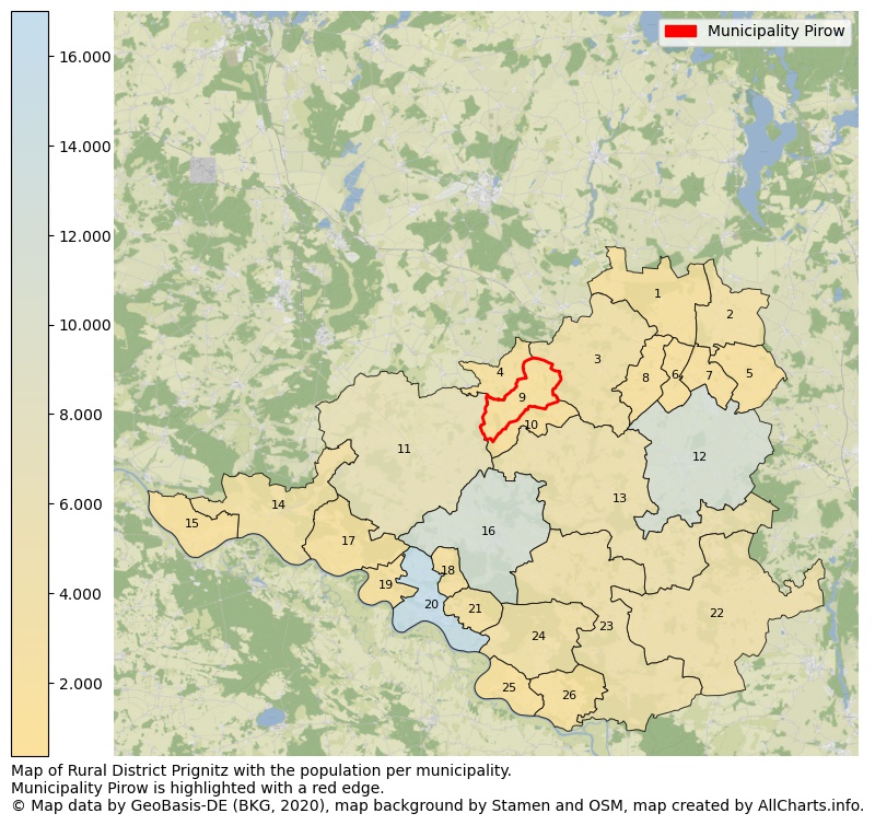 Map of Rural district Prignitz with the population per municipality.Municipality Pirow is highlighted with a red edge.. This page shows a lot of information about residents (such as the distribution by age groups, family composition, gender, native or German with an immigration background, ...), homes (numbers, types, price development, use, type of property, ...) and more (car ownership, energy consumption, ...) based on open data from the German Federal Agency for Cartography, the Federal Statistical Office (DESTATIS), the Regional Statistical Offices and various other sources!
