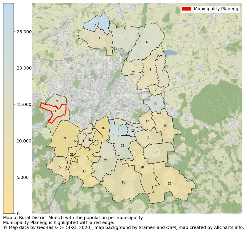 Map of Rural district Munich with the population per municipality.Municipality Planegg is highlighted with a red edge.. This page shows a lot of information about residents (such as the distribution by age groups, family composition, gender, native or German with an immigration background, ...), homes (numbers, types, price development, use, type of property, ...) and more (car ownership, energy consumption, ...) based on open data from the German Federal Agency for Cartography, the Federal Statistical Office (DESTATIS), the Regional Statistical Offices and various other sources!