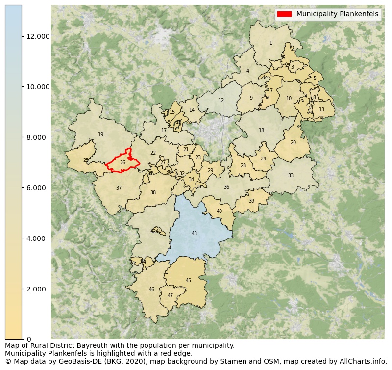 Map of Rural district Bayreuth with the population per municipality.Municipality Plankenfels is highlighted with a red edge.. This page shows a lot of information about residents (such as the distribution by age groups, family composition, gender, native or German with an immigration background, ...), homes (numbers, types, price development, use, type of property, ...) and more (car ownership, energy consumption, ...) based on open data from the German Federal Agency for Cartography, the Federal Statistical Office (DESTATIS), the Regional Statistical Offices and various other sources!