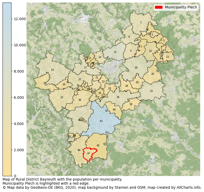 Map of Rural district Bayreuth with the population per municipality.Municipality Plech is highlighted with a red edge.. This page shows a lot of information about residents (such as the distribution by age groups, family composition, gender, native or German with an immigration background, ...), homes (numbers, types, price development, use, type of property, ...) and more (car ownership, energy consumption, ...) based on open data from the German Federal Agency for Cartography, the Federal Statistical Office (DESTATIS), the Regional Statistical Offices and various other sources!