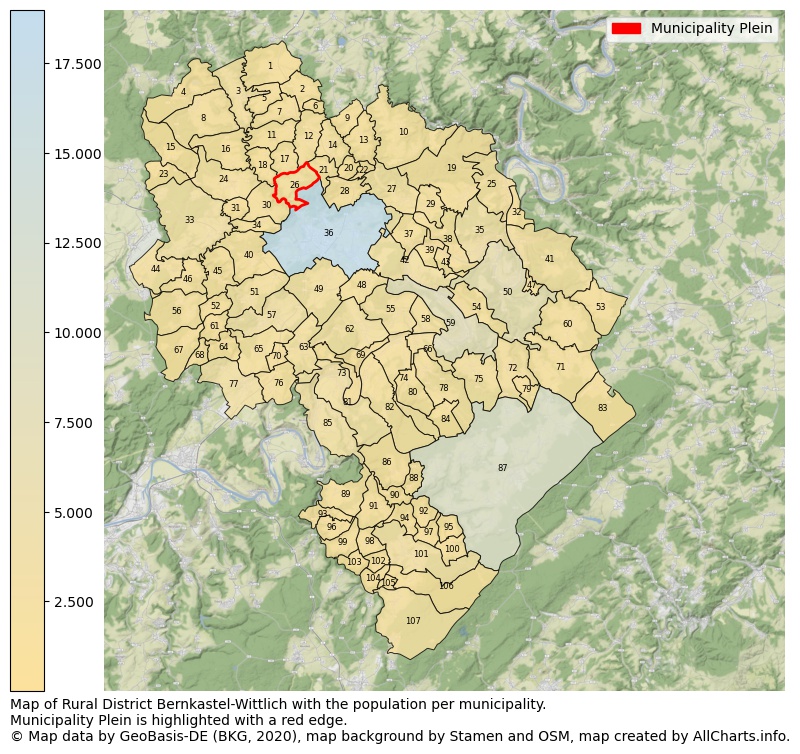 Map of Rural district Bernkastel-Wittlich with the population per municipality.Municipality Plein is highlighted with a red edge.. This page shows a lot of information about residents (such as the distribution by age groups, family composition, gender, native or German with an immigration background, ...), homes (numbers, types, price development, use, type of property, ...) and more (car ownership, energy consumption, ...) based on open data from the German Federal Agency for Cartography, the Federal Statistical Office (DESTATIS), the Regional Statistical Offices and various other sources!