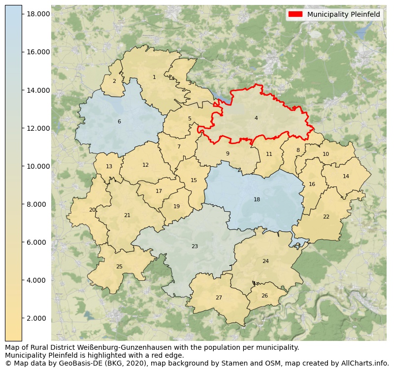 Map of Rural district Weißenburg-Gunzenhausen with the population per municipality.Municipality Pleinfeld is highlighted with a red edge.. This page shows a lot of information about residents (such as the distribution by age groups, family composition, gender, native or German with an immigration background, ...), homes (numbers, types, price development, use, type of property, ...) and more (car ownership, energy consumption, ...) based on open data from the German Federal Agency for Cartography, the Federal Statistical Office (DESTATIS), the Regional Statistical Offices and various other sources!