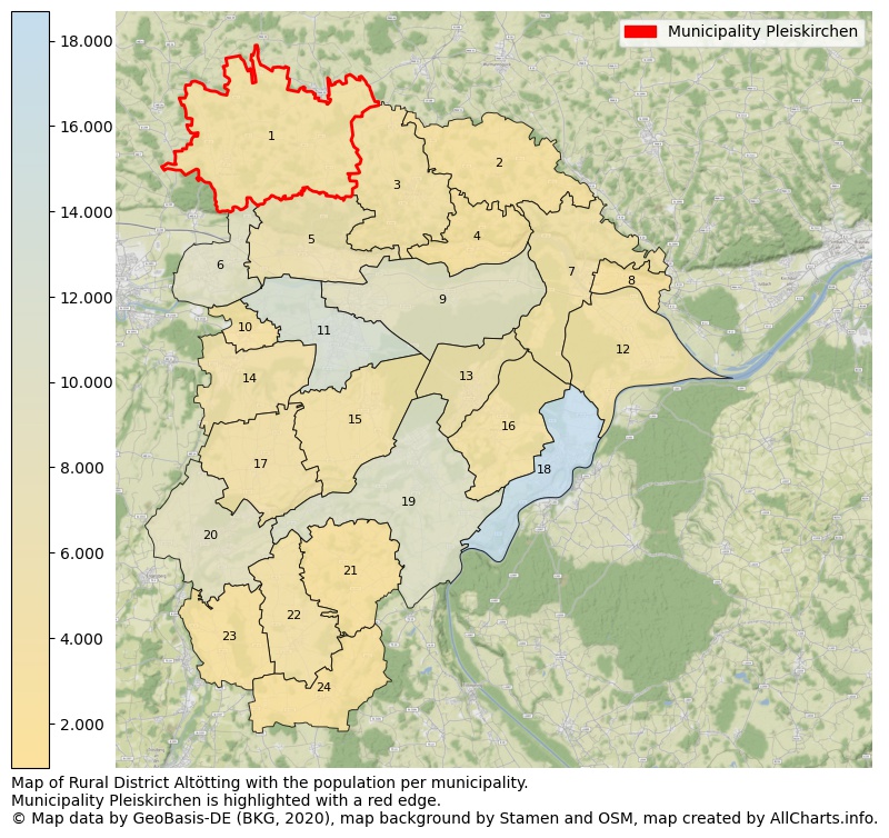 Map of Rural district Altötting with the population per municipality.Municipality Pleiskirchen is highlighted with a red edge.. This page shows a lot of information about residents (such as the distribution by age groups, family composition, gender, native or German with an immigration background, ...), homes (numbers, types, price development, use, type of property, ...) and more (car ownership, energy consumption, ...) based on open data from the German Federal Agency for Cartography, the Federal Statistical Office (DESTATIS), the Regional Statistical Offices and various other sources!