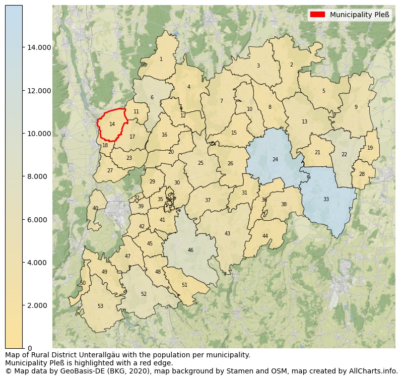 Map of Rural district Unterallgäu with the population per municipality.Municipality Pleß is highlighted with a red edge.. This page shows a lot of information about residents (such as the distribution by age groups, family composition, gender, native or German with an immigration background, ...), homes (numbers, types, price development, use, type of property, ...) and more (car ownership, energy consumption, ...) based on open data from the German Federal Agency for Cartography, the Federal Statistical Office (DESTATIS), the Regional Statistical Offices and various other sources!