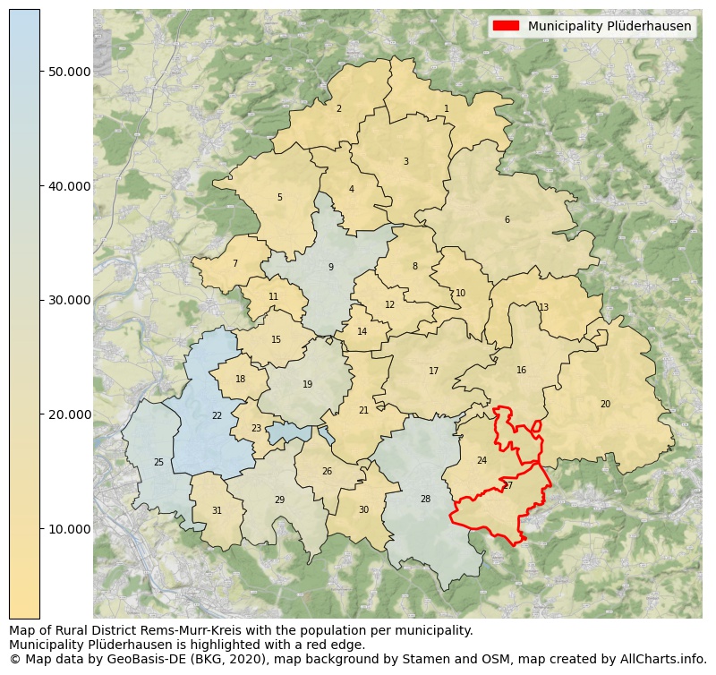 Map of Rural district Rems-Murr-Kreis with the population per municipality.Municipality Plüderhausen is highlighted with a red edge.. This page shows a lot of information about residents (such as the distribution by age groups, family composition, gender, native or German with an immigration background, ...), homes (numbers, types, price development, use, type of property, ...) and more (car ownership, energy consumption, ...) based on open data from the German Federal Agency for Cartography, the Federal Statistical Office (DESTATIS), the Regional Statistical Offices and various other sources!