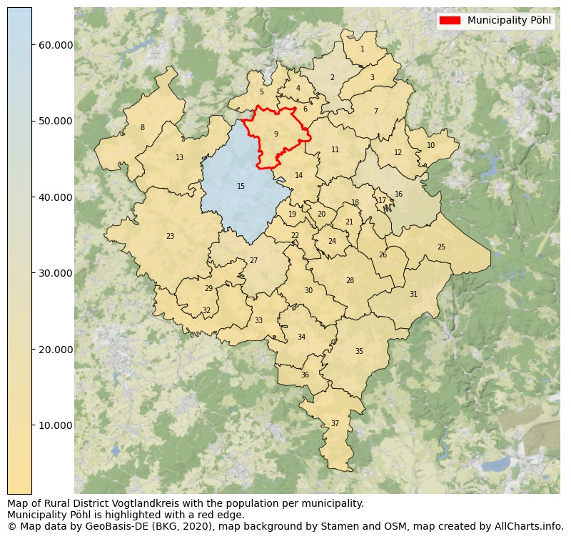 Map of Rural district Vogtlandkreis with the population per municipality.Municipality Pöhl is highlighted with a red edge.. This page shows a lot of information about residents (such as the distribution by age groups, family composition, gender, native or German with an immigration background, ...), homes (numbers, types, price development, use, type of property, ...) and more (car ownership, energy consumption, ...) based on open data from the German Federal Agency for Cartography, the Federal Statistical Office (DESTATIS), the Regional Statistical Offices and various other sources!