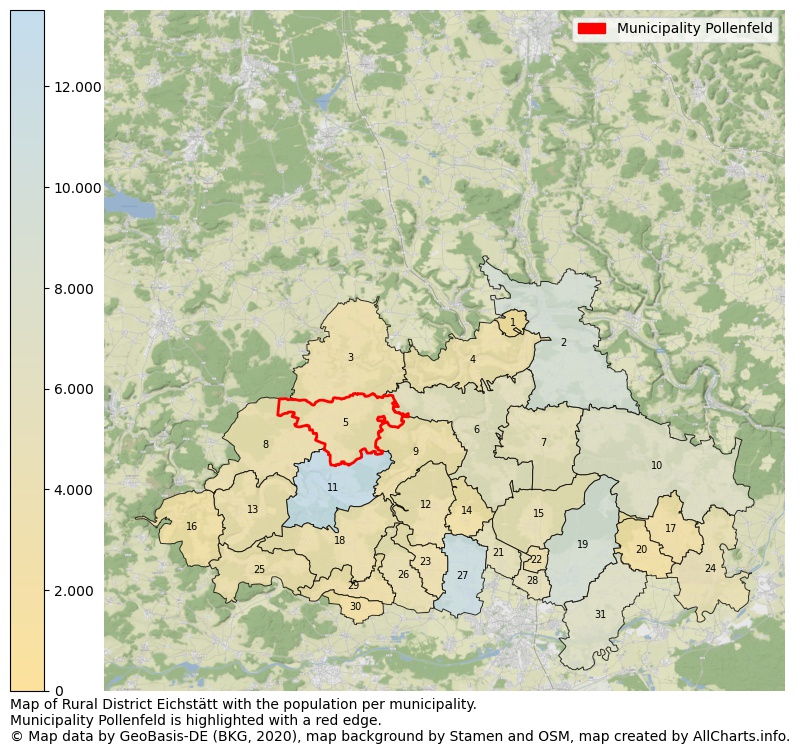 Map of Rural district Eichstätt with the population per municipality.Municipality Pollenfeld is highlighted with a red edge.. This page shows a lot of information about residents (such as the distribution by age groups, family composition, gender, native or German with an immigration background, ...), homes (numbers, types, price development, use, type of property, ...) and more (car ownership, energy consumption, ...) based on open data from the German Federal Agency for Cartography, the Federal Statistical Office (DESTATIS), the Regional Statistical Offices and various other sources!