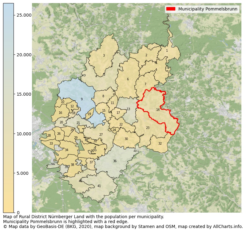 Map of Rural district Nürnberger Land with the population per municipality.Municipality Pommelsbrunn is highlighted with a red edge.. This page shows a lot of information about residents (such as the distribution by age groups, family composition, gender, native or German with an immigration background, ...), homes (numbers, types, price development, use, type of property, ...) and more (car ownership, energy consumption, ...) based on open data from the German Federal Agency for Cartography, the Federal Statistical Office (DESTATIS), the Regional Statistical Offices and various other sources!
