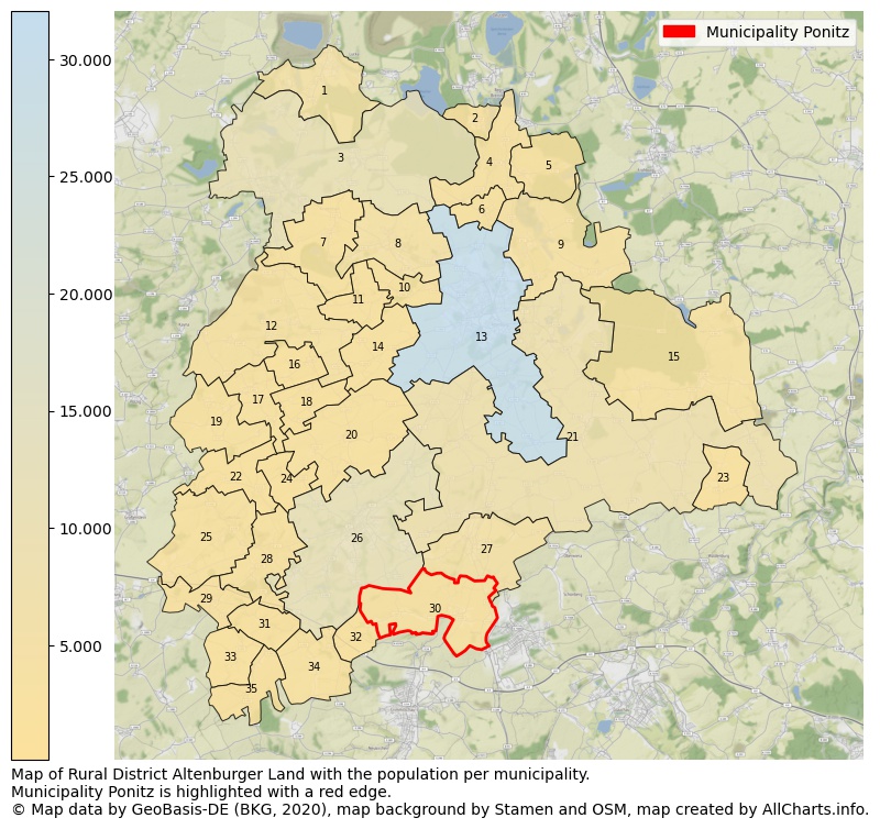 Map of Rural district Altenburger Land with the population per municipality.Municipality Ponitz is highlighted with a red edge.. This page shows a lot of information about residents (such as the distribution by age groups, family composition, gender, native or German with an immigration background, ...), homes (numbers, types, price development, use, type of property, ...) and more (car ownership, energy consumption, ...) based on open data from the German Federal Agency for Cartography, the Federal Statistical Office (DESTATIS), the Regional Statistical Offices and various other sources!