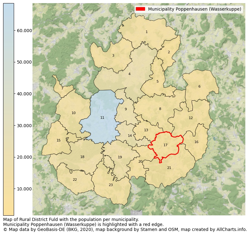 Map of Rural district Fuld with the population per municipality.Municipality Poppenhausen (Wasserkuppe) is highlighted with a red edge.. This page shows a lot of information about residents (such as the distribution by age groups, family composition, gender, native or German with an immigration background, ...), homes (numbers, types, price development, use, type of property, ...) and more (car ownership, energy consumption, ...) based on open data from the German Federal Agency for Cartography, the Federal Statistical Office (DESTATIS), the Regional Statistical Offices and various other sources!