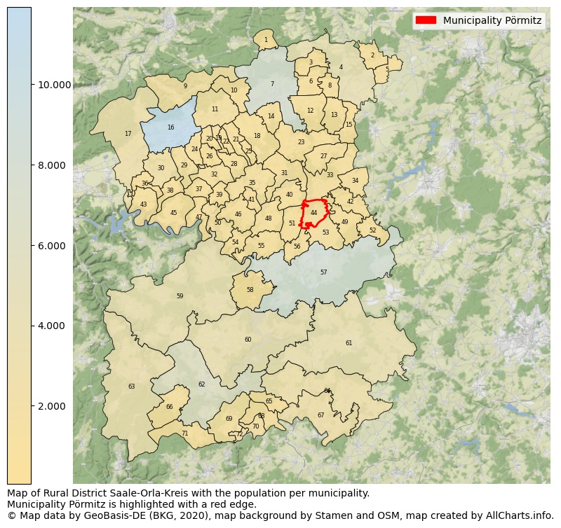 Map of Rural district Saale-Orla-Kreis with the population per municipality.Municipality Pörmitz is highlighted with a red edge.. This page shows a lot of information about residents (such as the distribution by age groups, family composition, gender, native or German with an immigration background, ...), homes (numbers, types, price development, use, type of property, ...) and more (car ownership, energy consumption, ...) based on open data from the German Federal Agency for Cartography, the Federal Statistical Office (DESTATIS), the Regional Statistical Offices and various other sources!