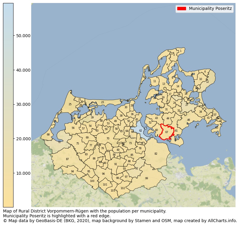 Map of Rural district Vorpommern-Rügen with the population per municipality.Municipality Poseritz is highlighted with a red edge.. This page shows a lot of information about residents (such as the distribution by age groups, family composition, gender, native or German with an immigration background, ...), homes (numbers, types, price development, use, type of property, ...) and more (car ownership, energy consumption, ...) based on open data from the German Federal Agency for Cartography, the Federal Statistical Office (DESTATIS), the Regional Statistical Offices and various other sources!