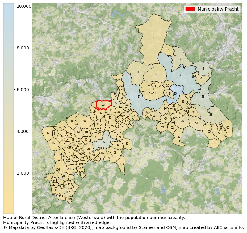 Map of Rural district Altenkirchen (Westerwald) with the population per municipality.Municipality Pracht is highlighted with a red edge.. This page shows a lot of information about residents (such as the distribution by age groups, family composition, gender, native or German with an immigration background, ...), homes (numbers, types, price development, use, type of property, ...) and more (car ownership, energy consumption, ...) based on open data from the German Federal Agency for Cartography, the Federal Statistical Office (DESTATIS), the Regional Statistical Offices and various other sources!